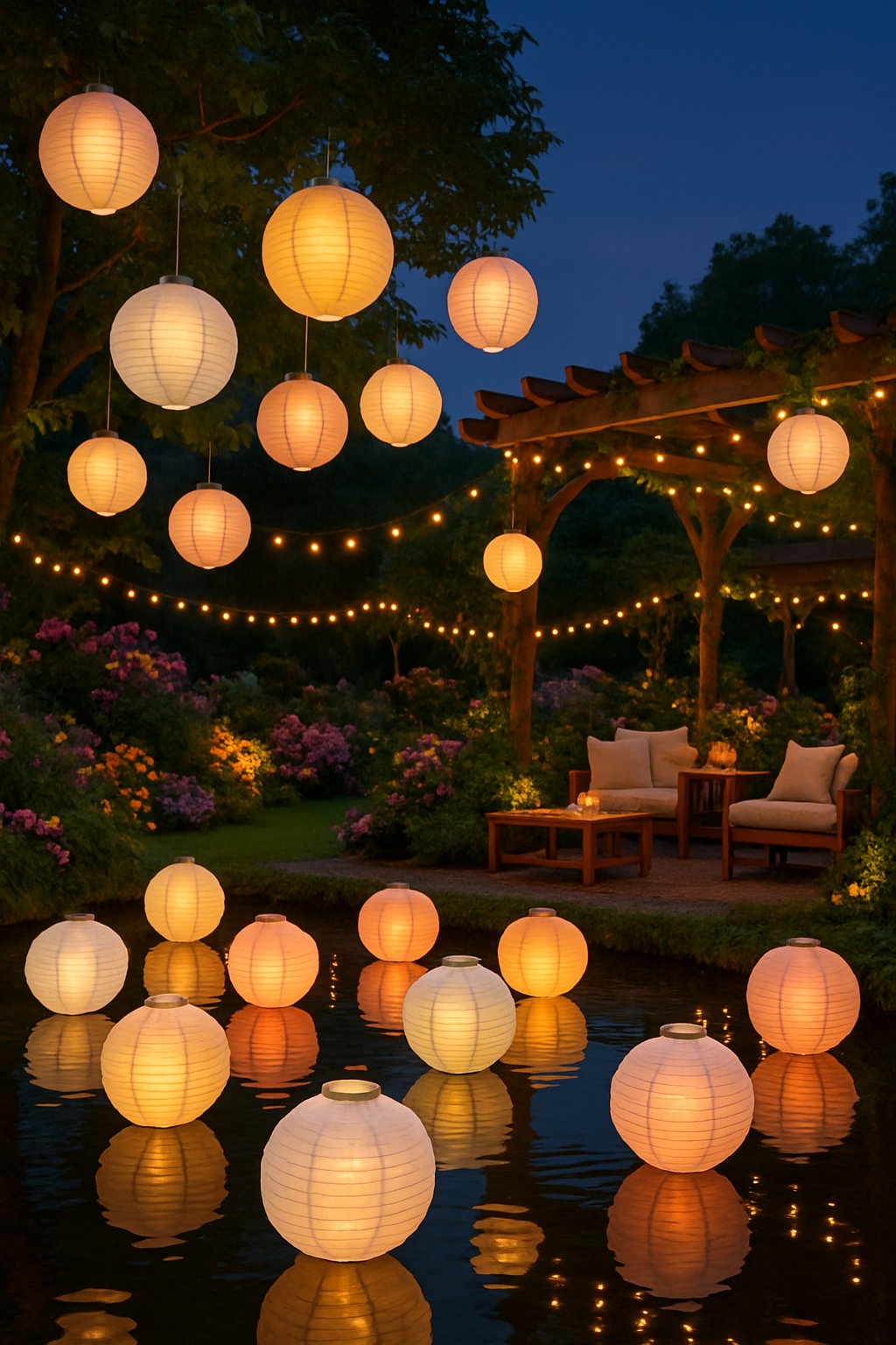 Outdoor garden party at dusk with glowing paper lanterns floating on a pond and hanging from trees, surrounded by flowers and seating.