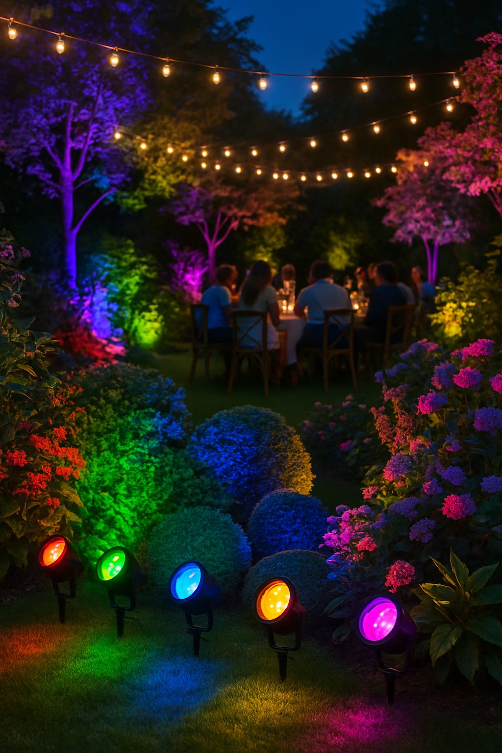 Outdoor garden party at dusk with colorful LED spotlights illuminating plants and decorations, and guests enjoying the festive atmosphere.