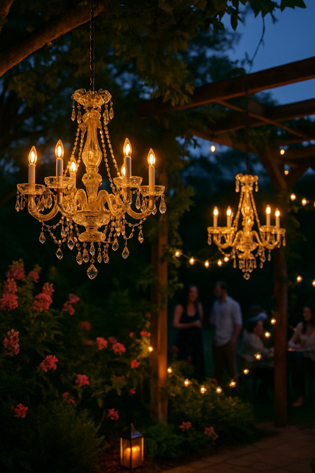 Outdoor garden party at twilight with chandeliers hanging from trees, glowing with warm battery-powered LED lights surrounded by greenery and flowers.
