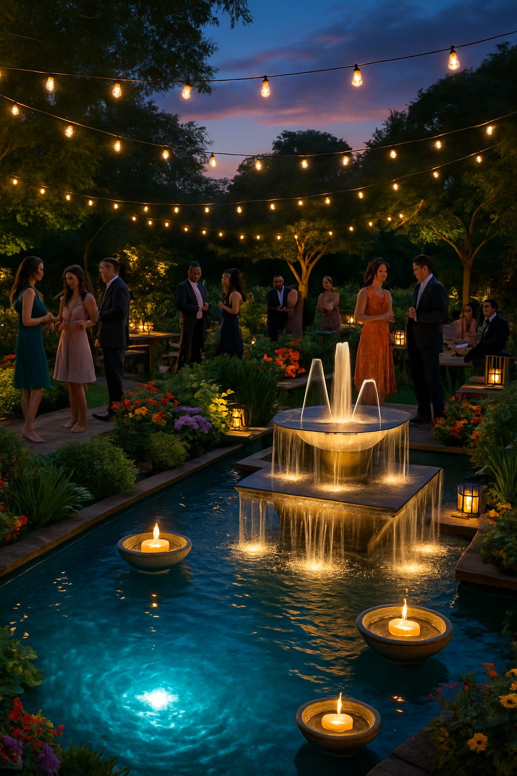 An outdoor garden party at dusk with illuminated water features, string lights, and guests enjoying the softly lit surroundings.