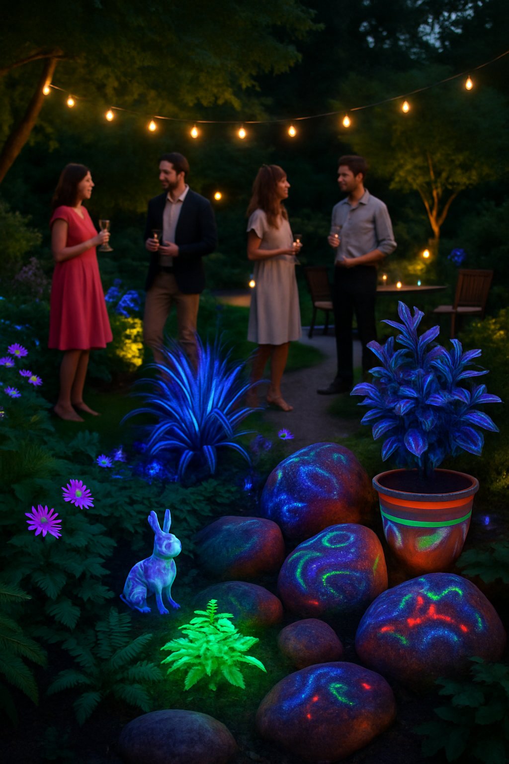 An outdoor garden party at dusk with glowing neon-painted plants and decorations illuminated by ultraviolet backlights, with people enjoying the scene among greenery and garden furniture.