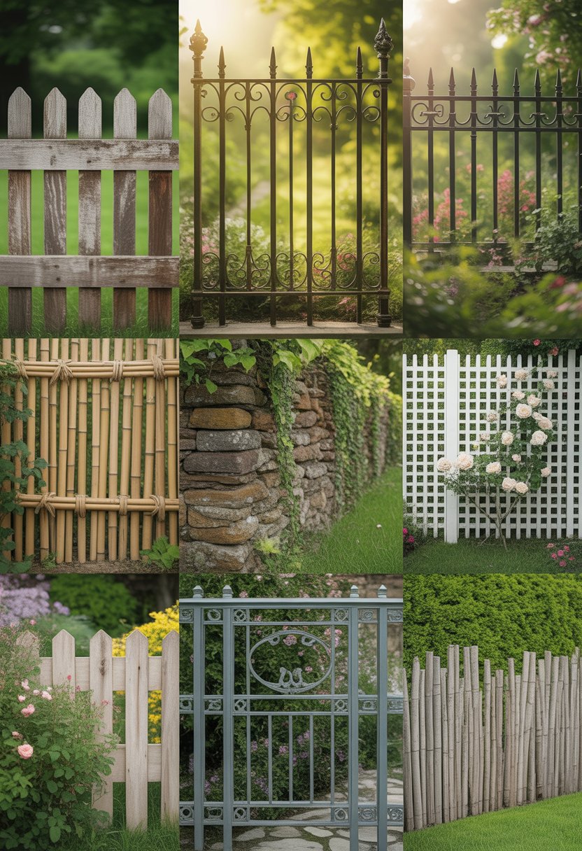 Seven different garden fences from various historical periods displayed side by side in a green garden with flowers and sunlight.