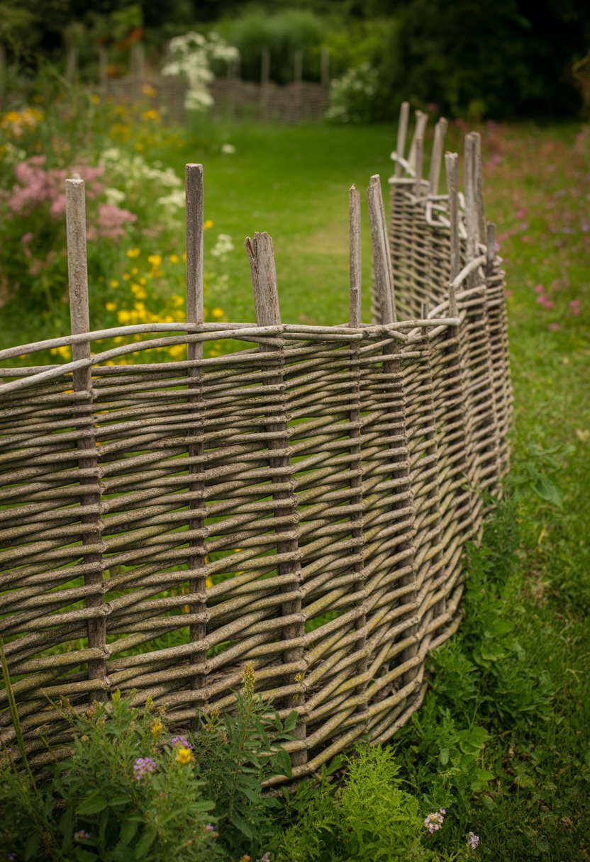 A woven wooden branch fence in a garden surrounded by green plants and flowers.