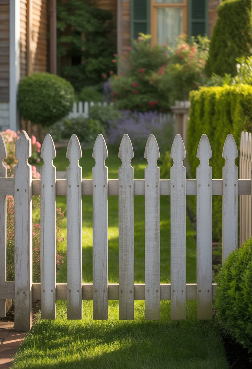 A white wooden picket fence in front of a garden with green grass, colorful flowers, and a traditional house in the background.