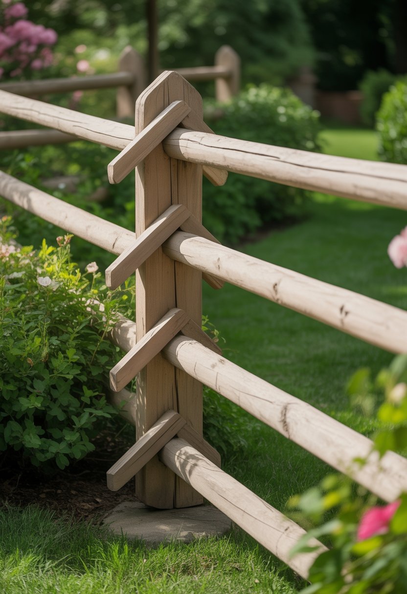 A wooden rail fence with horizontal rails in a garden surrounded by green plants and flowers.