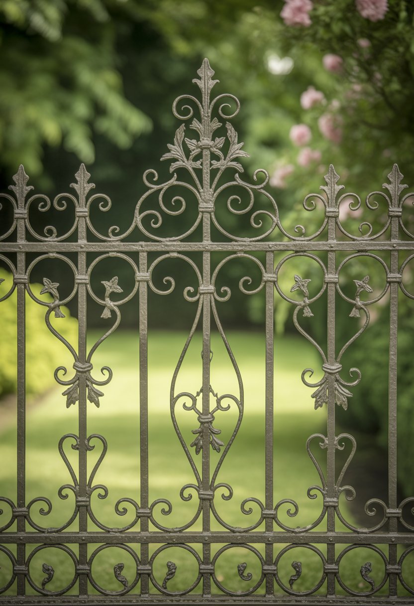 A detailed iron garden fence surrounded by green plants and flowers in a garden setting.