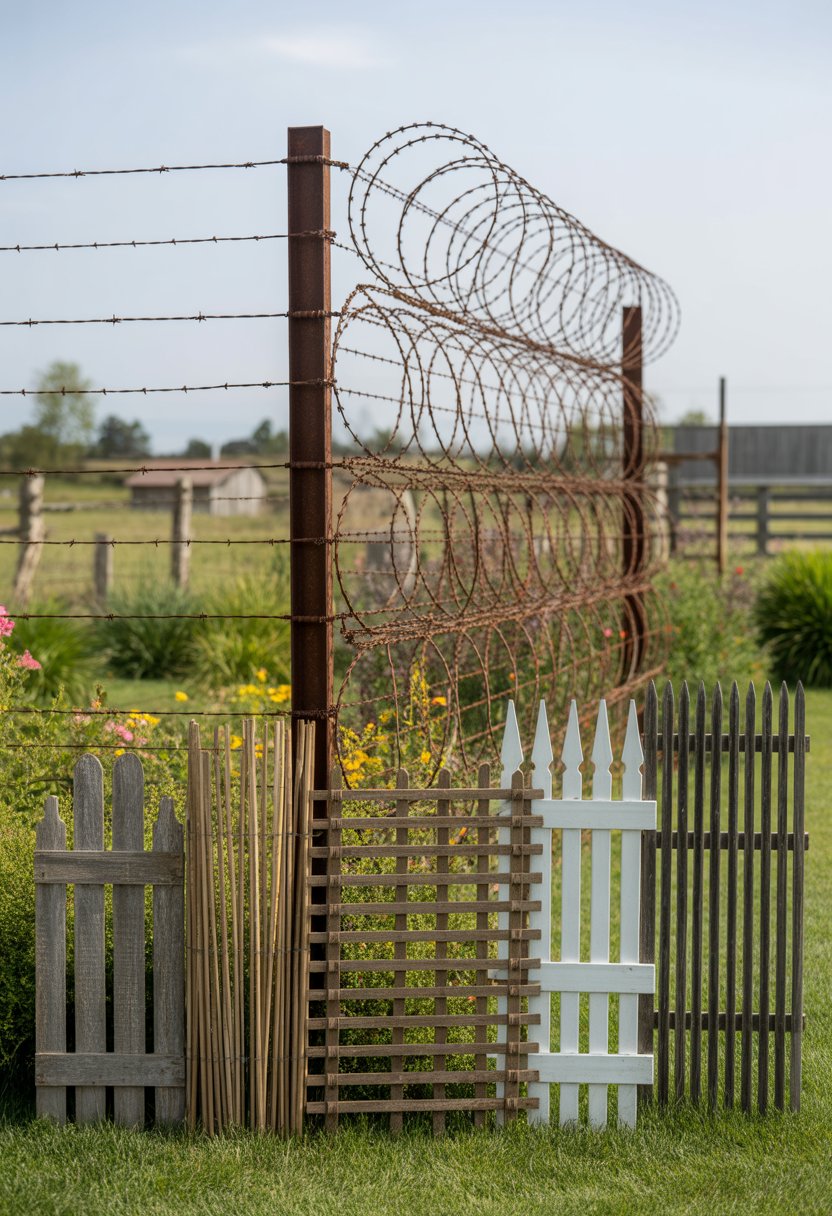 A barbed wire fence in front of seven different garden fence styles set outdoors with grass, plants, and trees in the background.