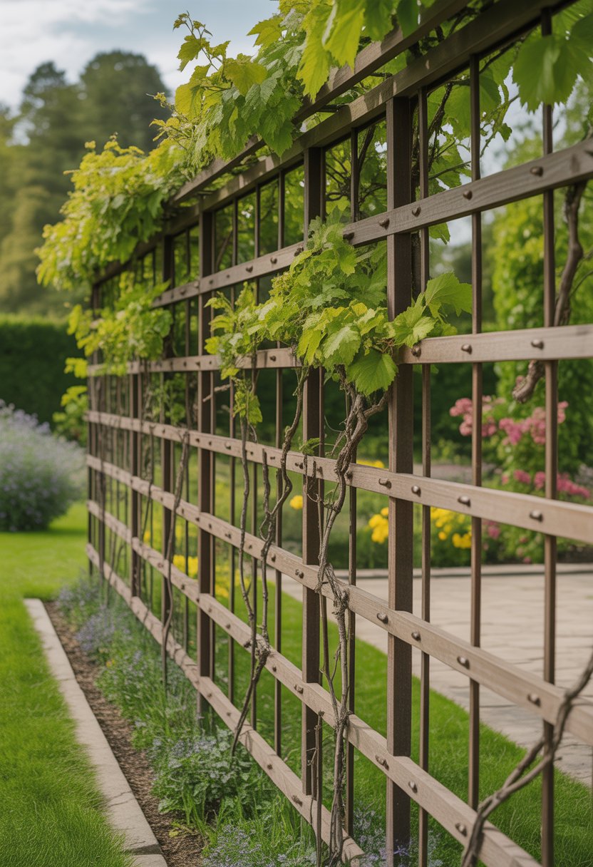 A garden scene with a wooden espalier trellis fence supporting climbing plants with green leaves and some fruit, surrounded by grass and flower beds.