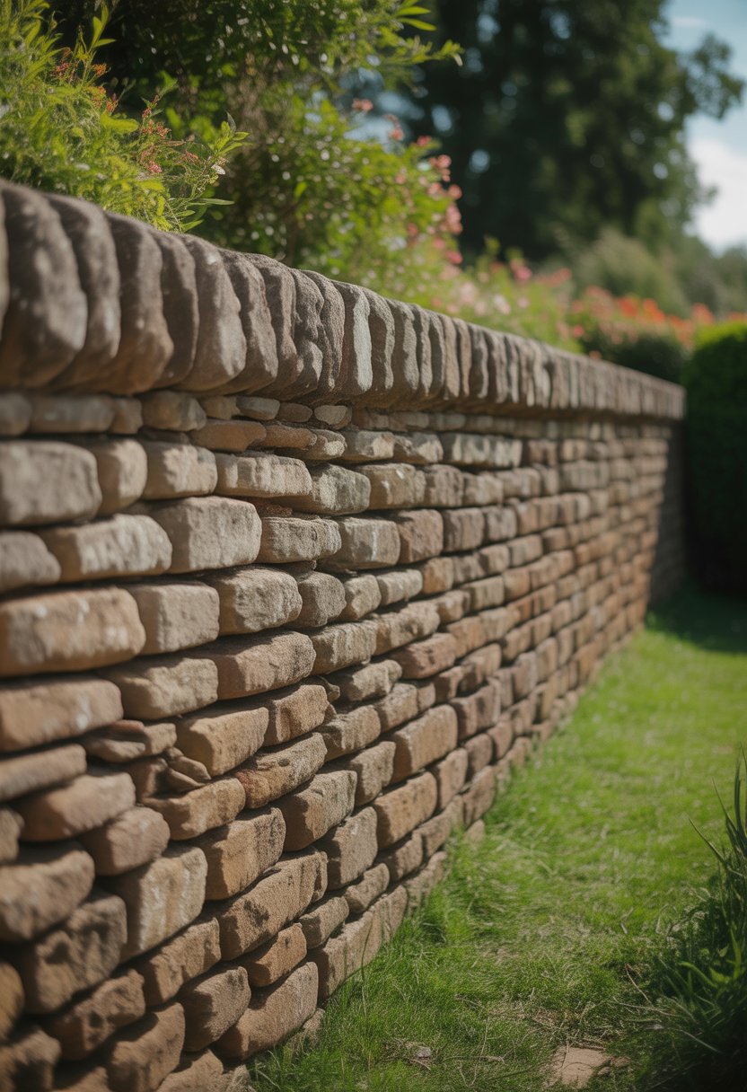 A stone wall fence made of weathered stones surrounding a garden with green plants and flowers.