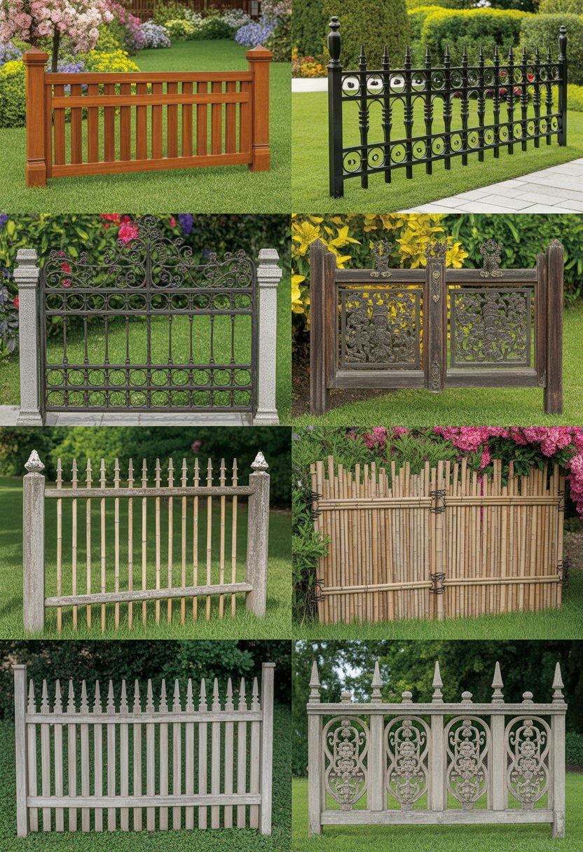 Seven different historic garden fences displayed side by side in a garden with flowers and greenery.