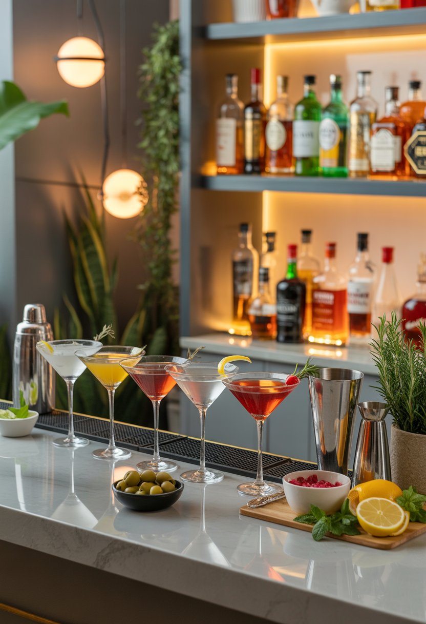 A martini bar setup with glasses filled with martinis, garnishes, liquor bottles, and bar tools arranged on a polished counter.
