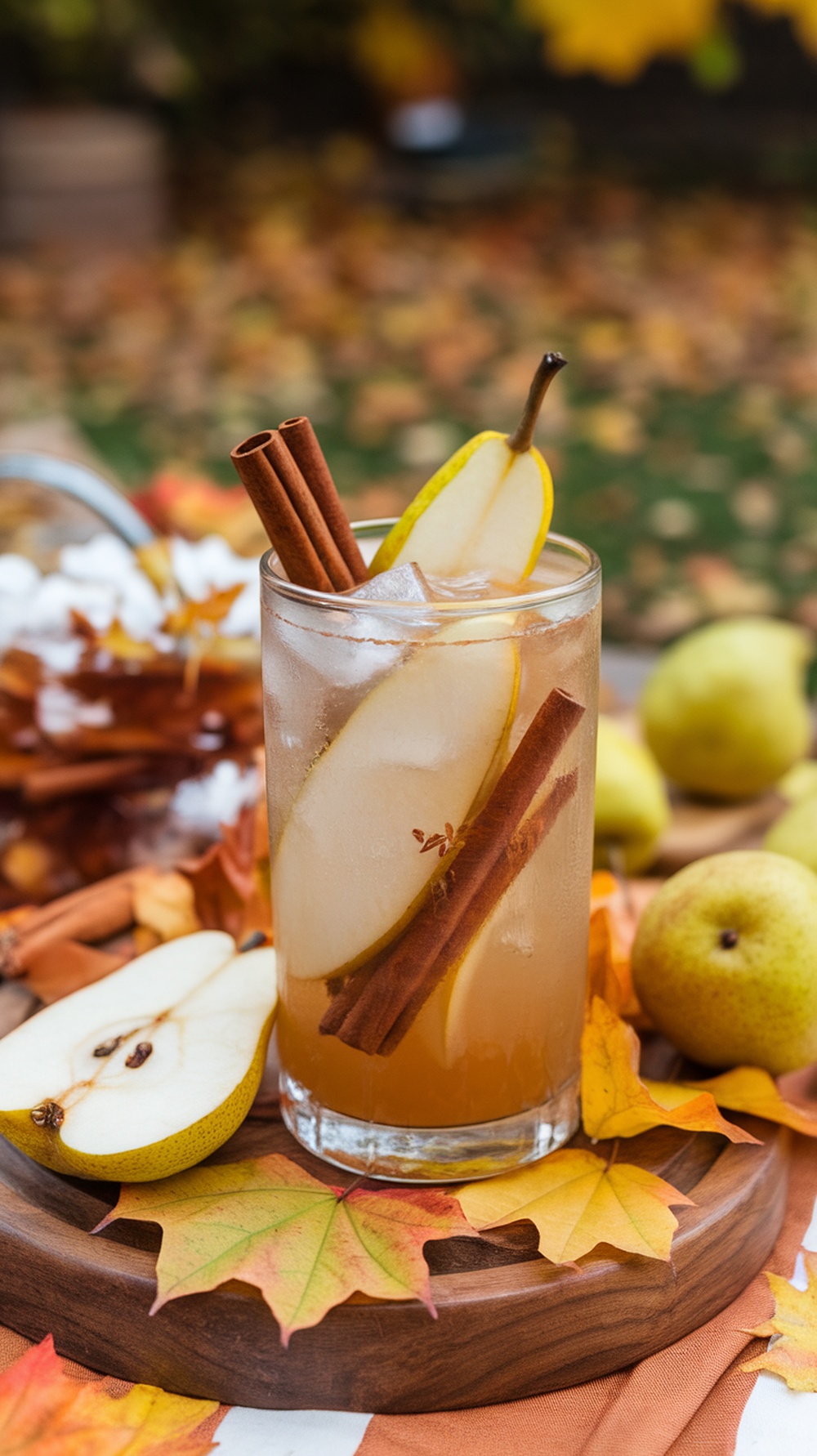 A refreshing spiced pear fizz mocktail with pear slices and cinnamon sticks, surrounded by autumn leaves.