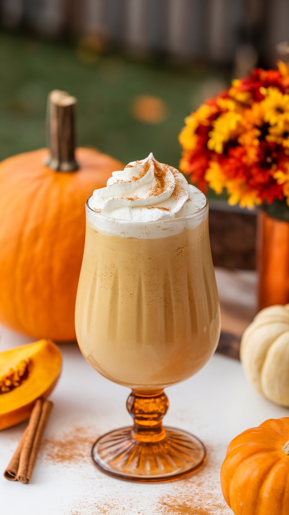 A Pumpkin Spice Mocktail topped with whipped cream and cinnamon, surrounded by pumpkins and fall flowers.