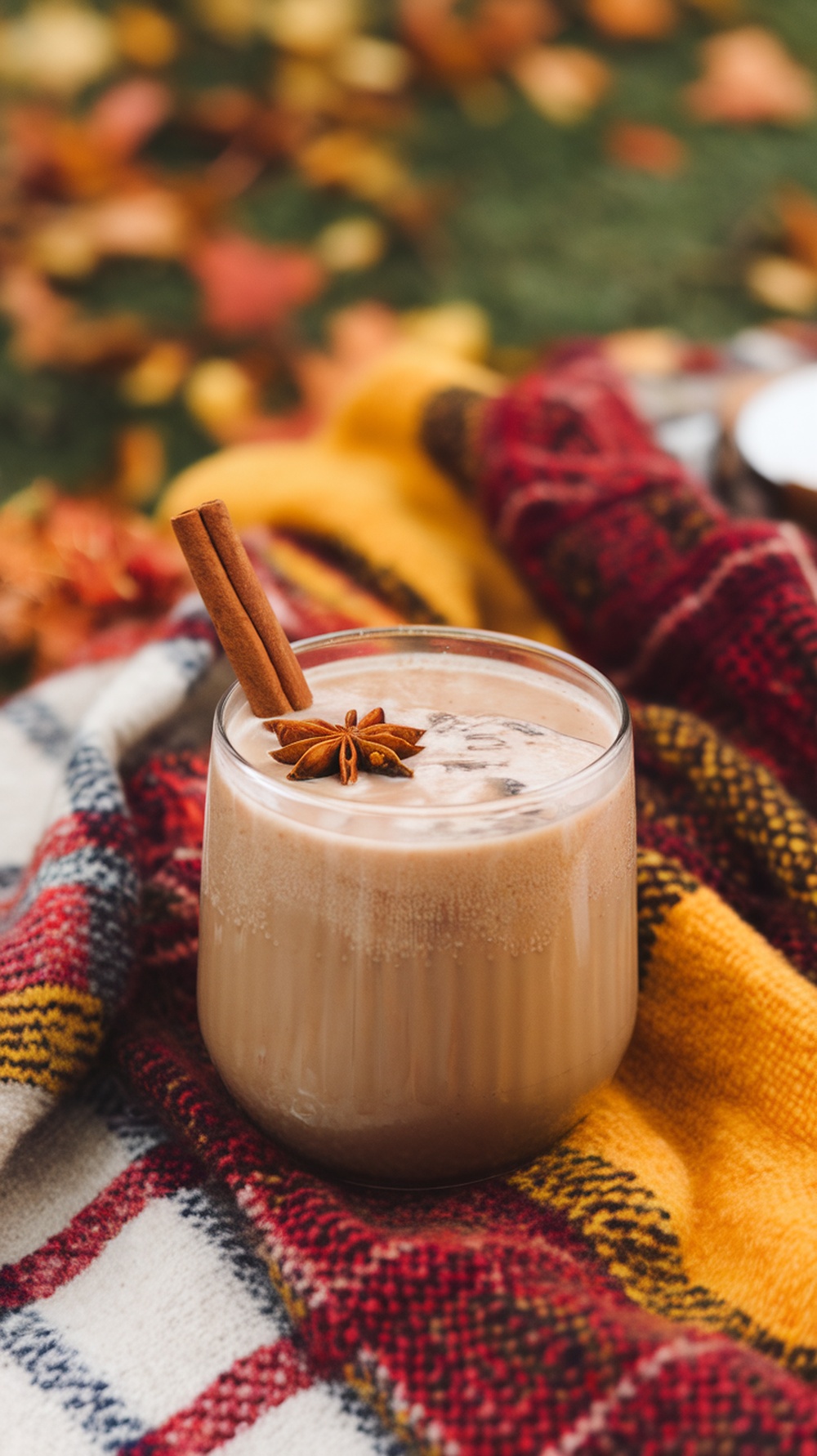 A chai tea mocktail garnished with cinnamon and star anise, set against a cozy autumn backdrop.