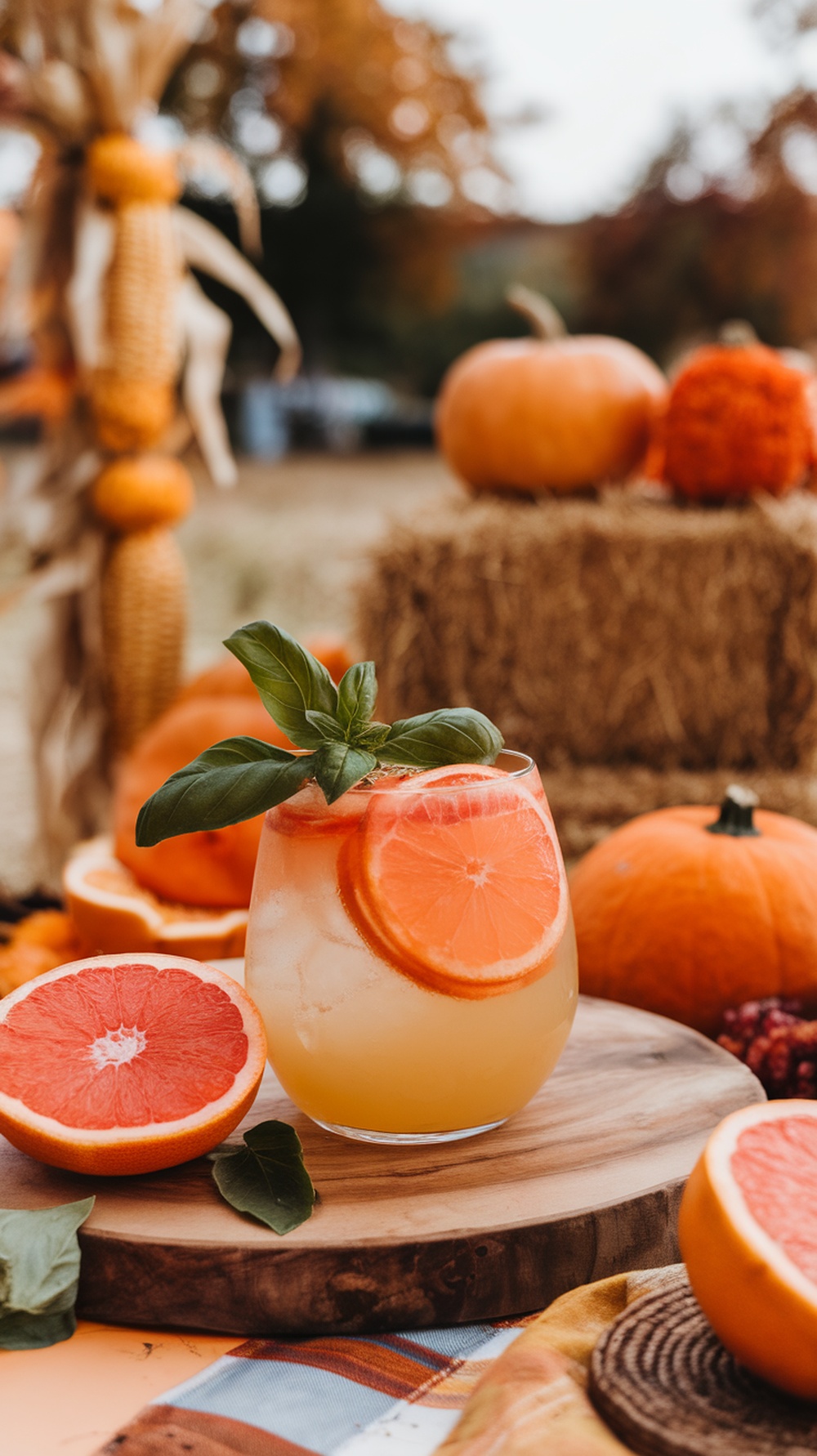 A refreshing grapefruit basil mocktail garnished with basil leaves and grapefruit slices, surrounded by pumpkins and autumn decor.