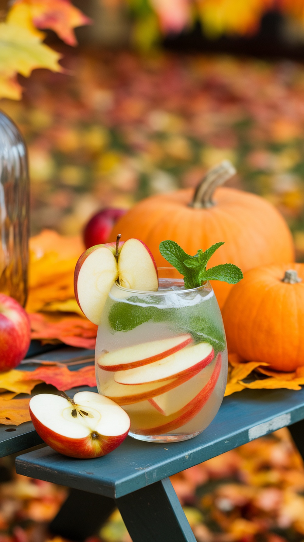 A refreshing Crisp Apple Spritzer mocktail with apple slices and mint, set against a backdrop of autumn leaves and pumpkins.