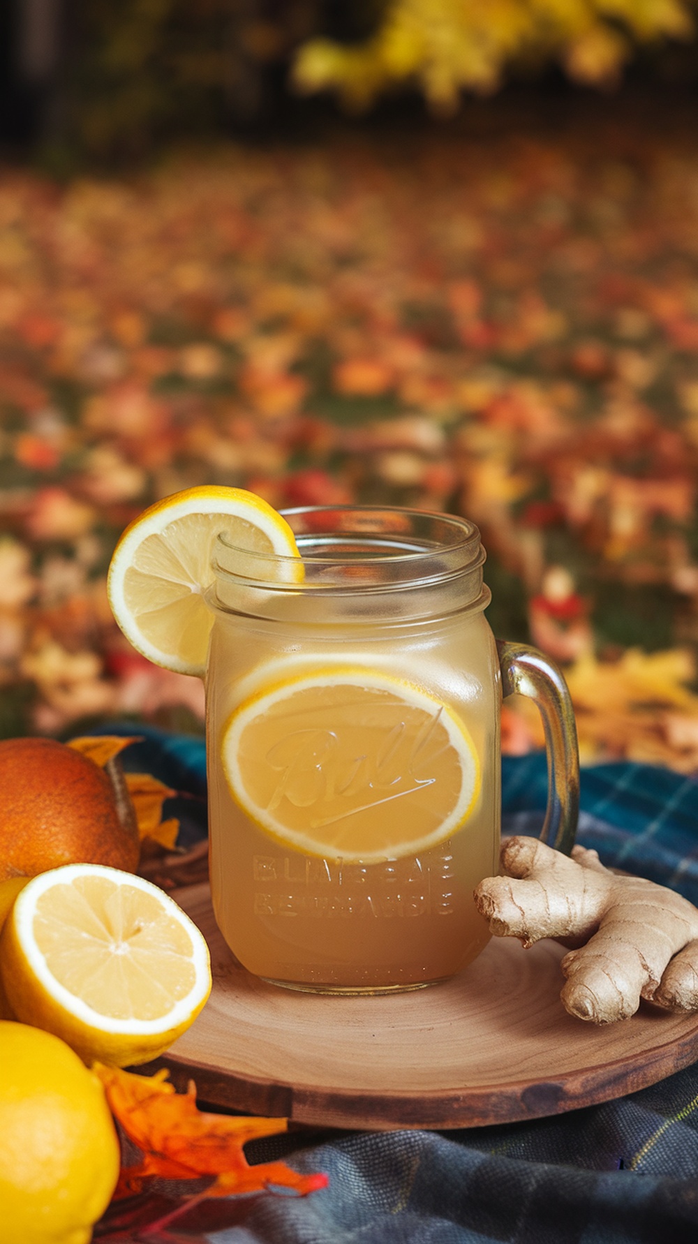 A glass of Maple Ginger Lemonade with lemon slices and ginger root, surrounded by autumn leaves.