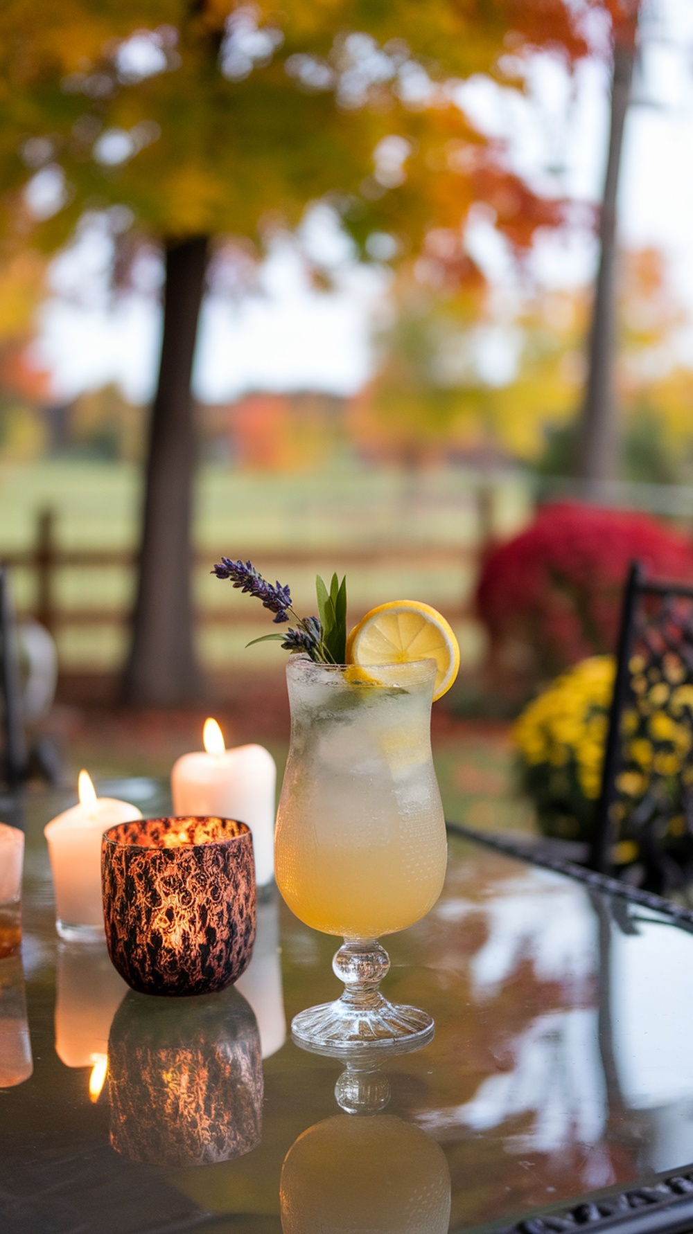A refreshing Honey Lavender Lemonade mocktail garnished with lavender and a lemon slice, set against a backdrop of autumn foliage.