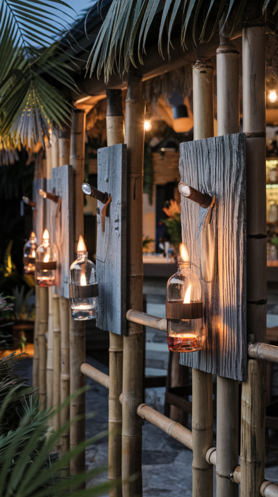 Bottle torch wall sconces with flickering flames mounted on a wooden tiki bar wall at twilight.