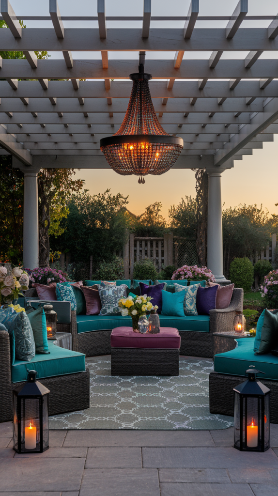Outdoor patio with a chandelier hanging overhead, comfortable seating, plants, and lanterns.