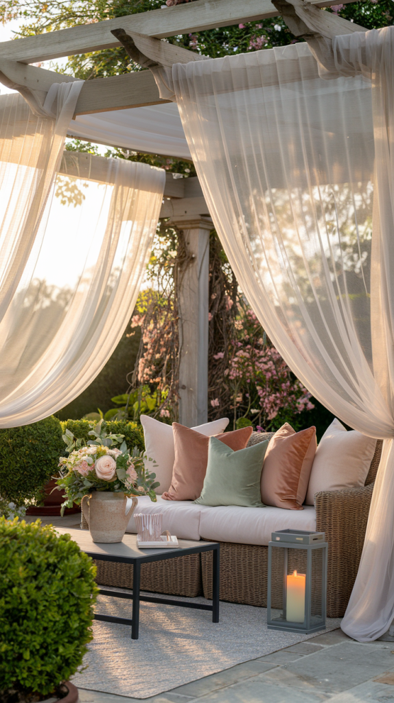 Outdoor patio with soft cushions and plants on seating surrounded by plants and a metal coffee table
with sheer curtains.