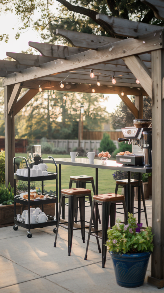 espresso pergola with seating and supplies for a backyard cafe