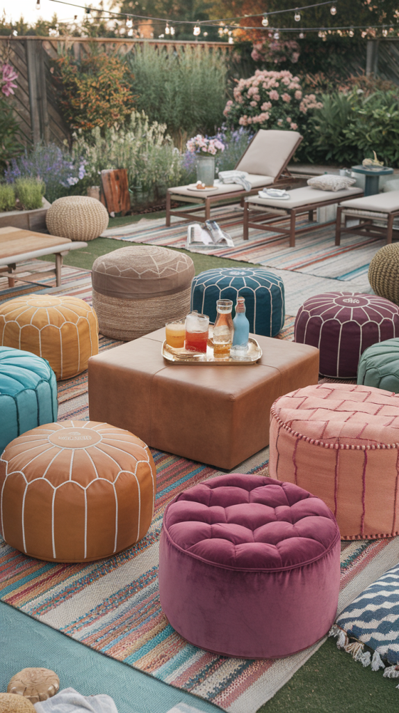 Outdoor seating area in a park like setting with Ottoman-style furniture surrounded by trees and plants.