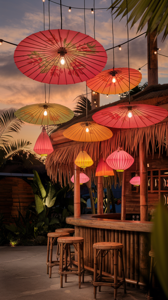 A tiki bar with colorful paper parasol pendant lights hanging above the bar counter, surrounded by tropical plants and wooden decor.