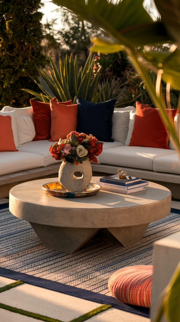 Outdoor patio with a coffee table surrounded by comfortable seating, plants, and soft lighting.