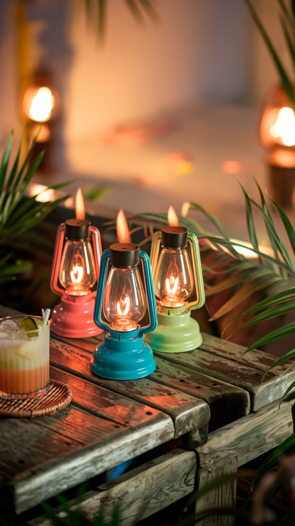 A collection of colorful tabletop oil lamps glowing on a wooden tiki bar surrounded by tropical decor.