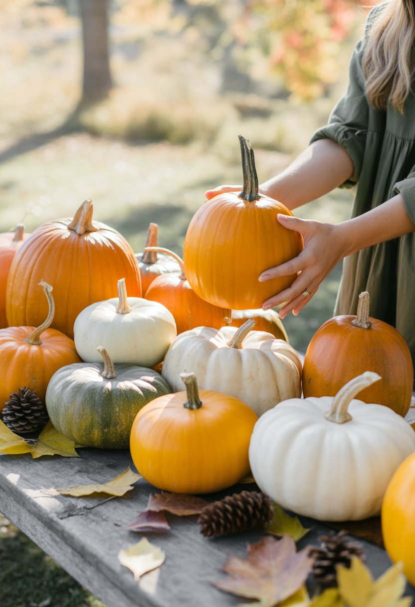 Hands selecting a medium orange pumpkin among various pumpkins arranged on a wooden table outdoors with autumn leaves and soft sunlight.