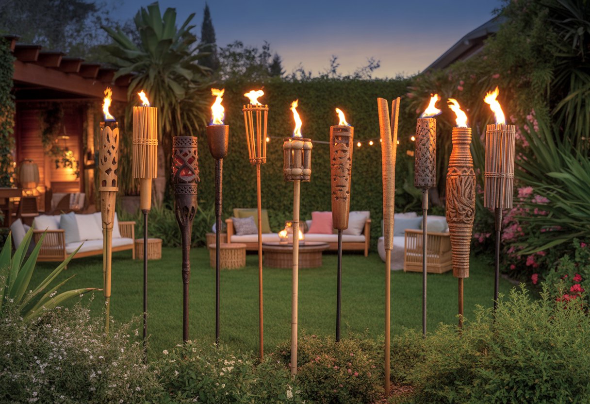 A backyard at twilight with eleven different tiki torches lit, surrounded by plants and outdoor seating.