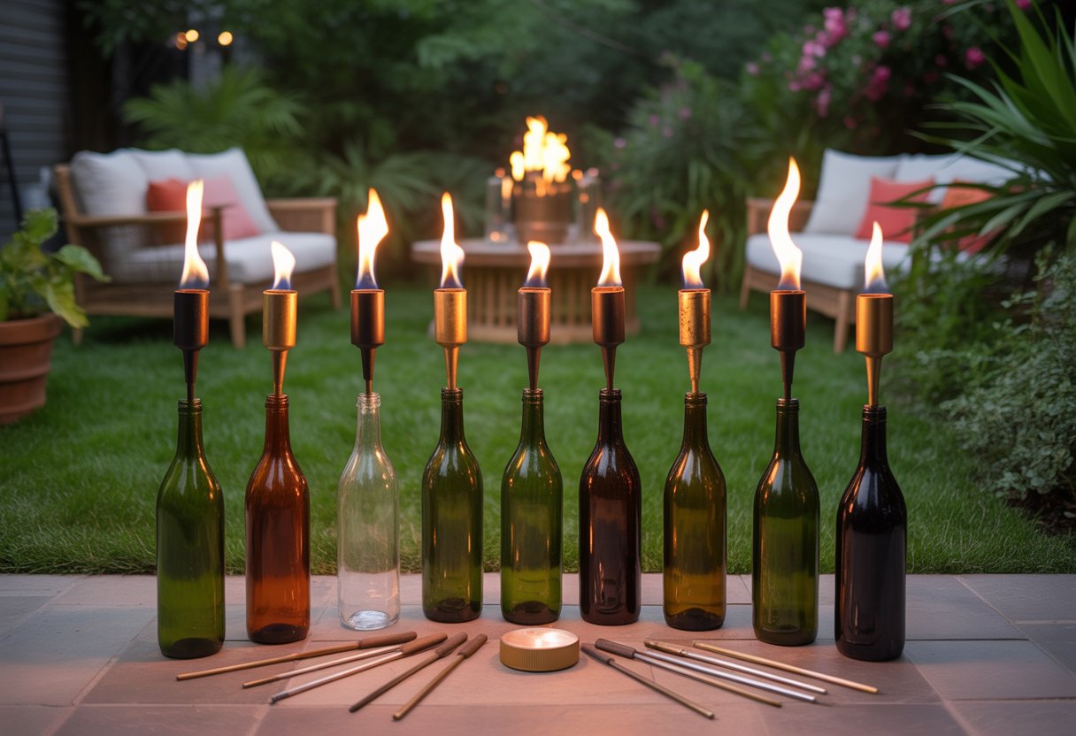 A backyard scene with eleven wine bottle tiki torches burning warmly among plants and outdoor furniture.