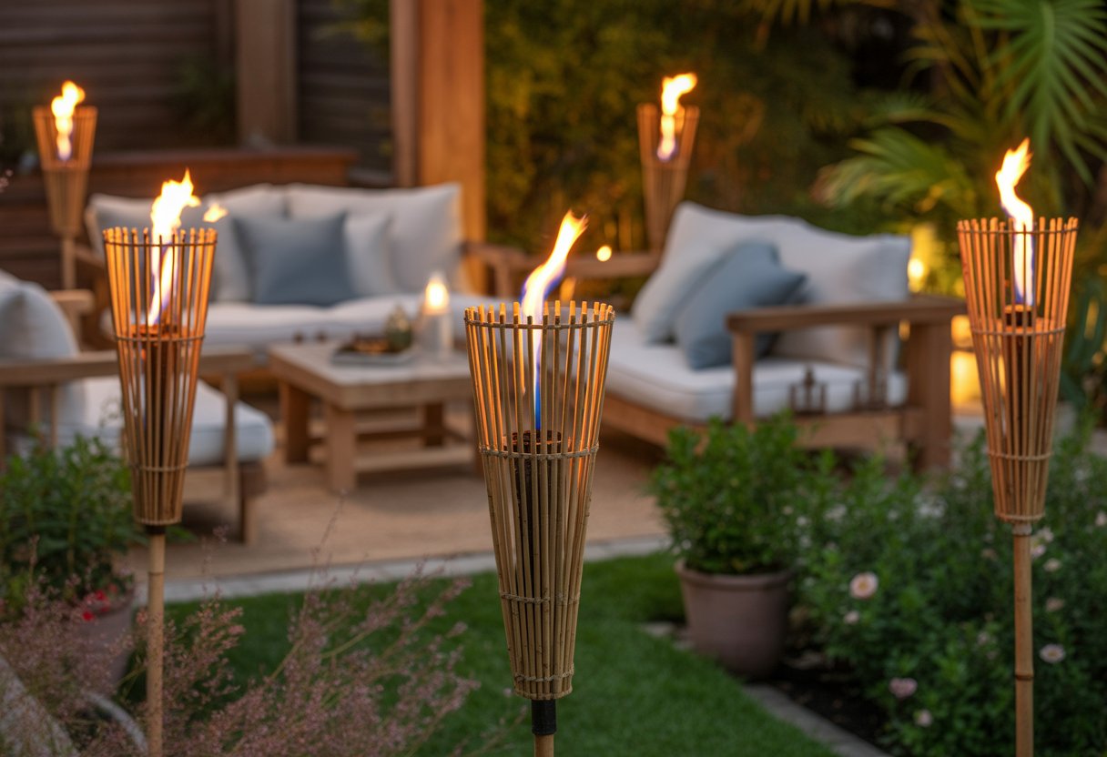 A backyard at dusk with several lit citronella tiki torches surrounded by plants and outdoor furniture.