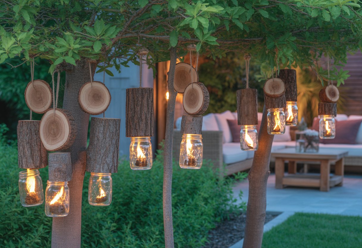 A backyard at dusk with hanging tiki torches made from wood slices and mason jars glowing warmly among trees and outdoor furniture.