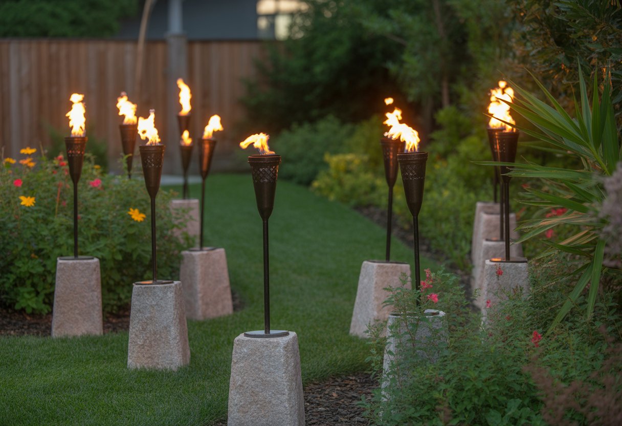 Backyard with lit tiki torches on stone stands lining a garden path surrounded by plants and flowers.