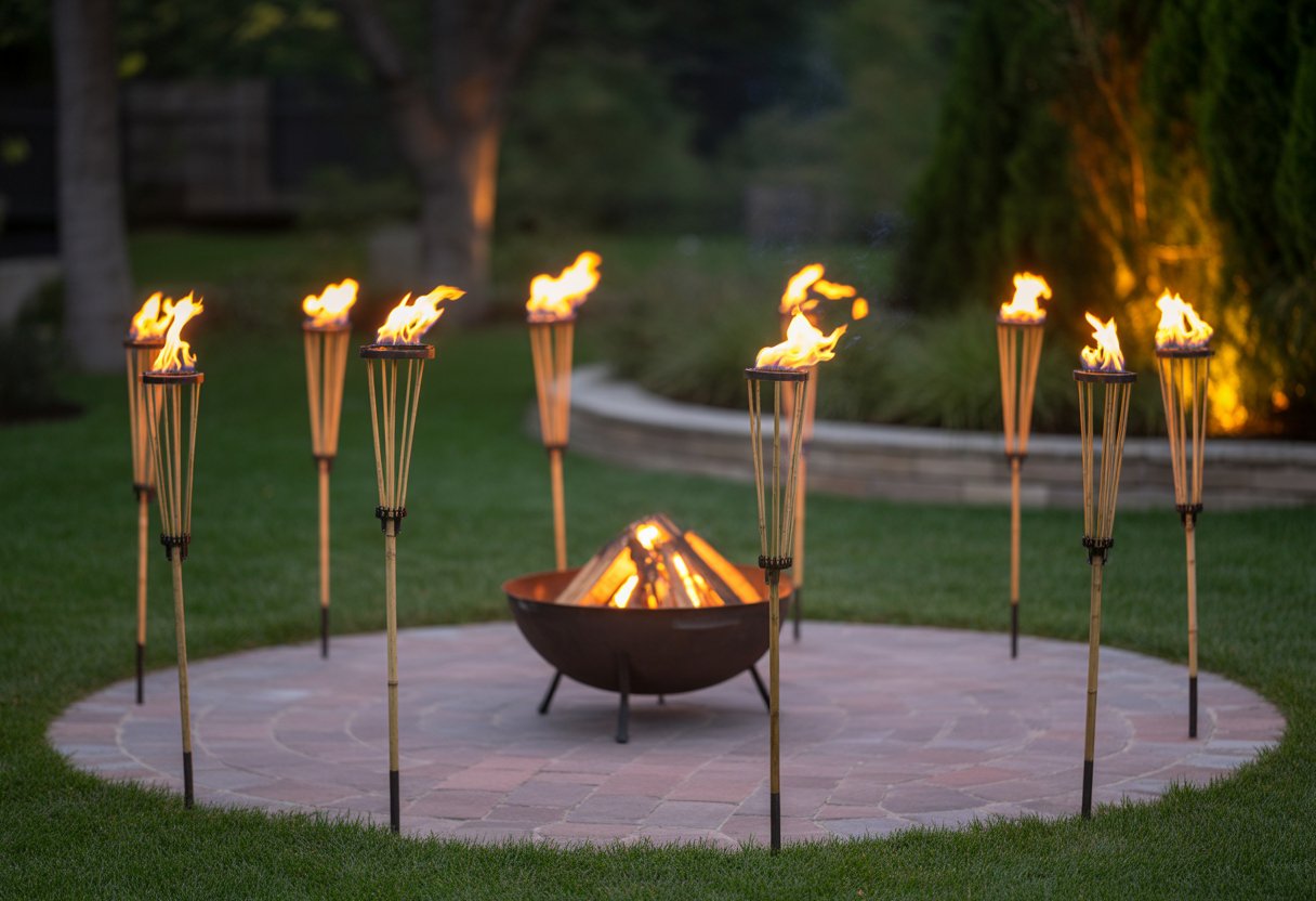 A circle of eleven lit tiki torches surrounding a glowing fire pit in a backyard at dusk.