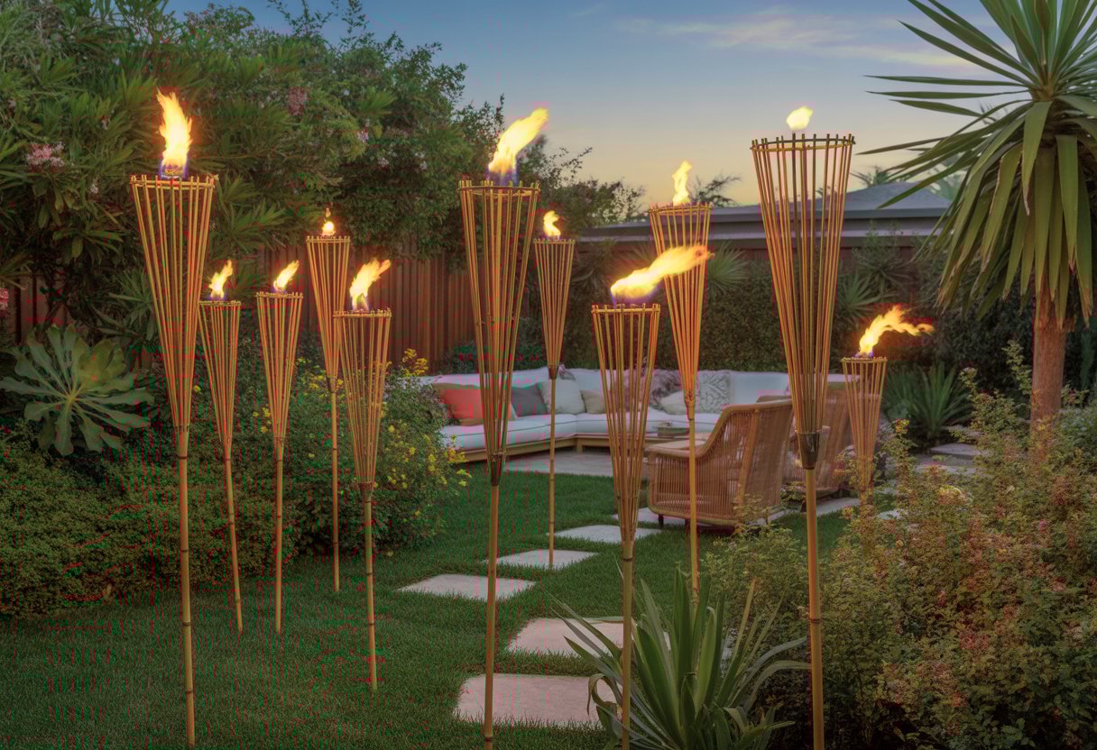 A backyard with various heights of bamboo tiki torches glowing along a garden pathway surrounded by plants and outdoor seating.