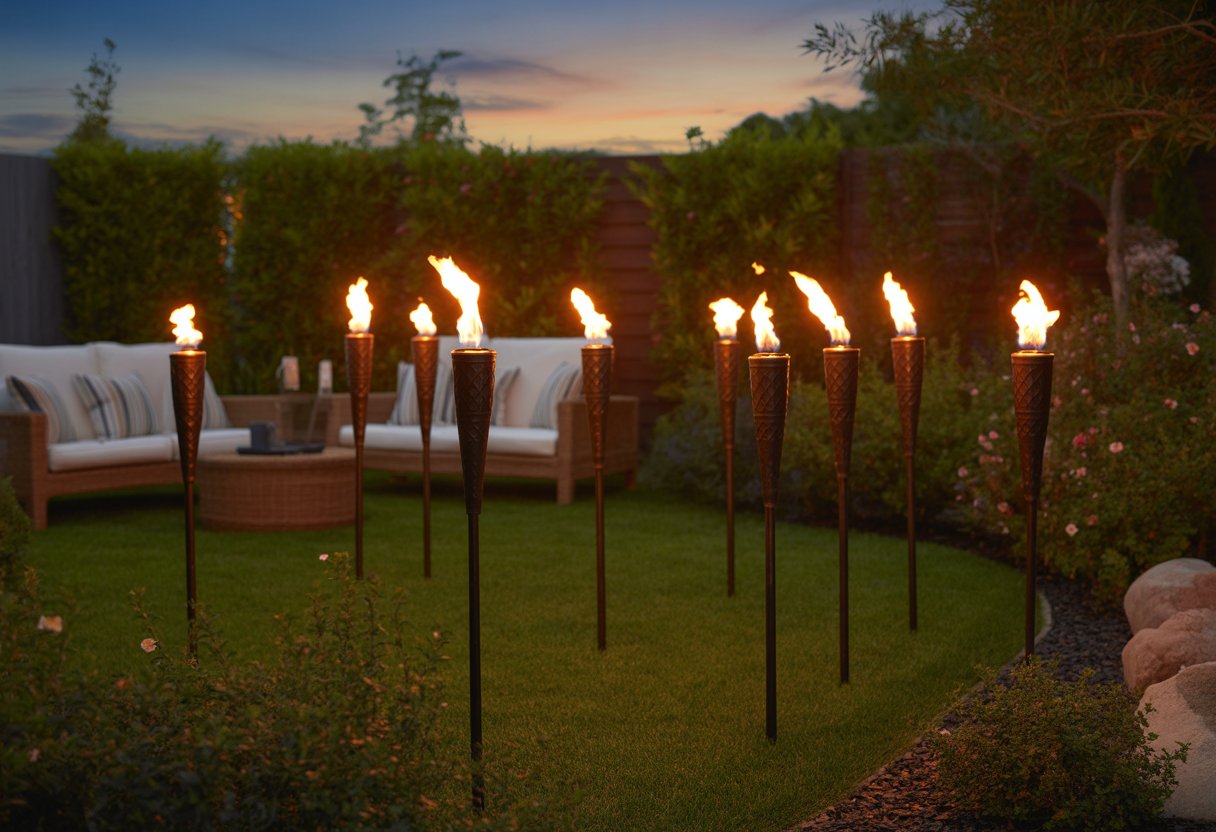 A backyard scene with eleven tiki torches lit with flame effect lights, surrounded by plants and outdoor furniture at twilight.