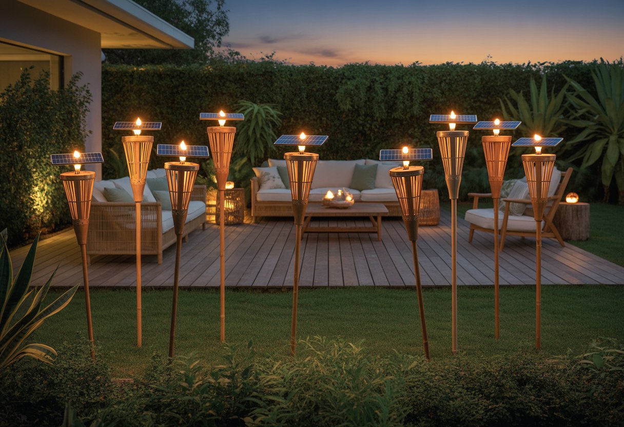 A backyard at dusk with eleven solar-powered tiki torches glowing warmly around a garden and outdoor seating area.