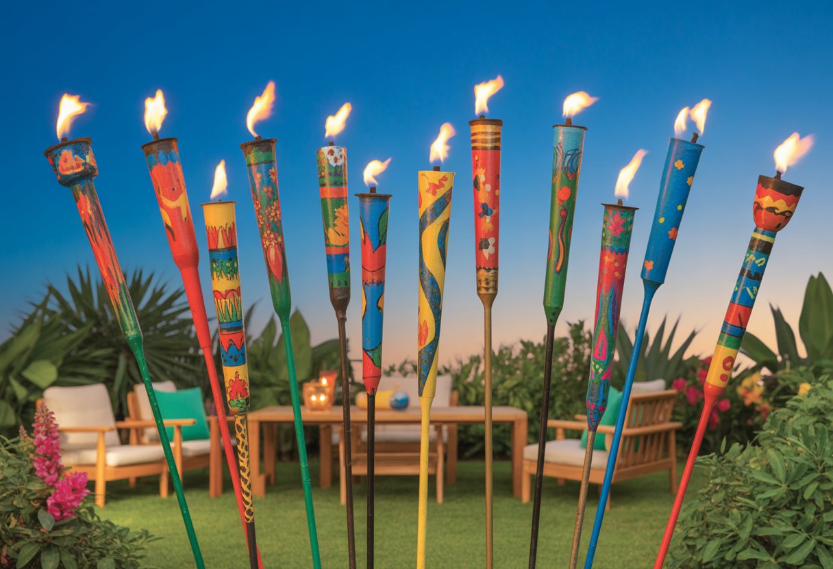 A backyard with eleven colorful tiki torch poles lit and surrounded by plants and outdoor furniture.