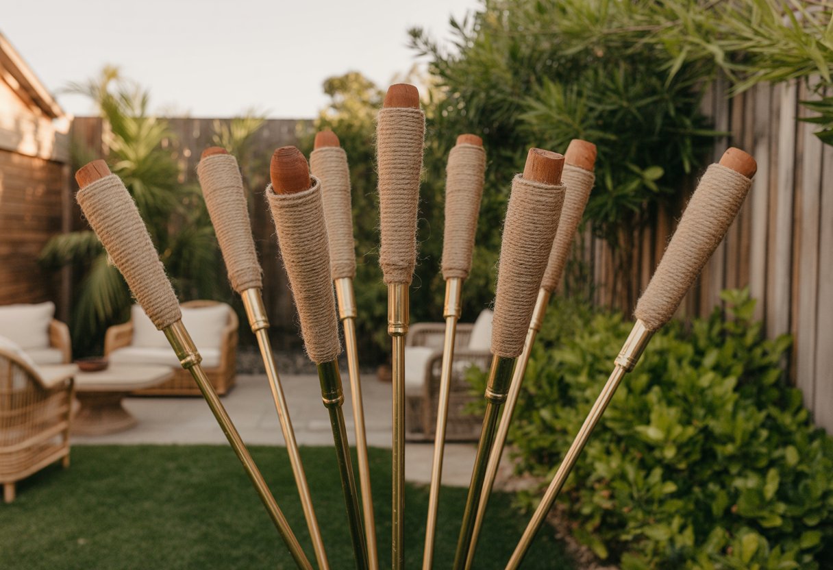 A group of tiki torches wrapped in twine arranged outdoors in a backyard with greenery and wooden fencing.