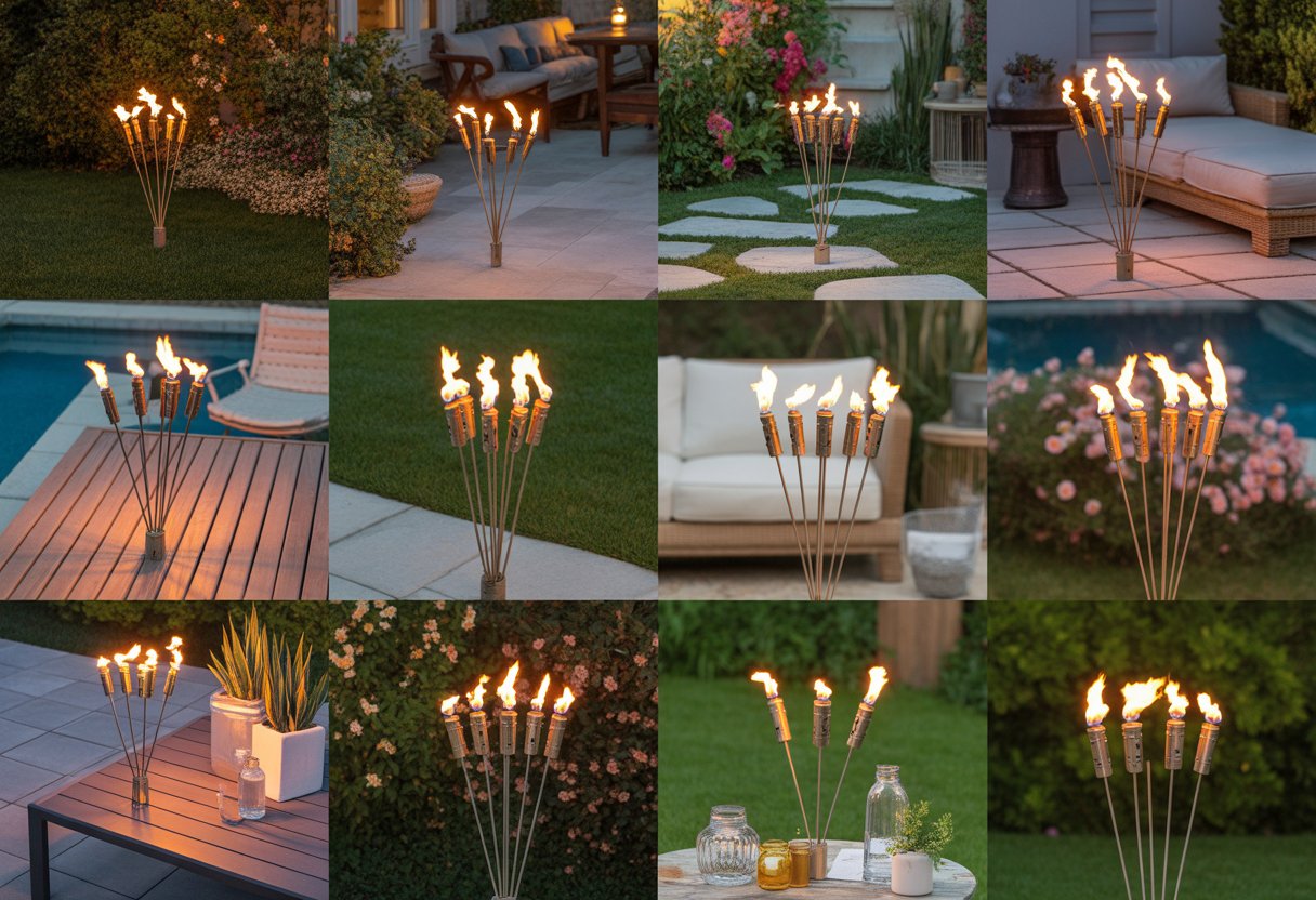 Multiple groupings of mini tiki torches lit on various patios and backyard areas with outdoor furniture and plants.