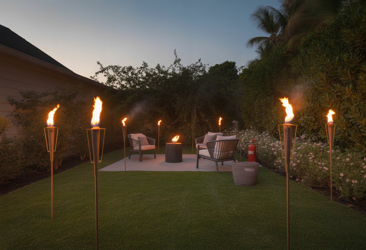 A backyard at dusk with lit tiki torches placed safely around outdoor seating and plants.