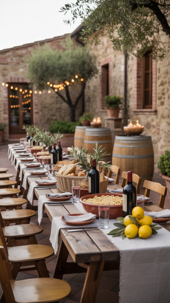 a backyard pasta bar buffet with a tuscan setting and theme