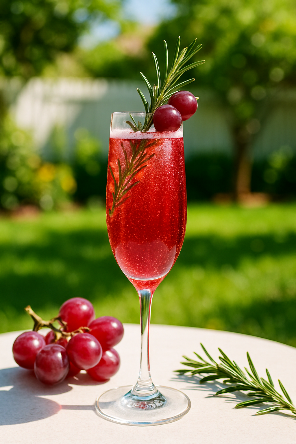 A sparkling grape and rosemary mocktail garnished with grapes and rosemary sprig.