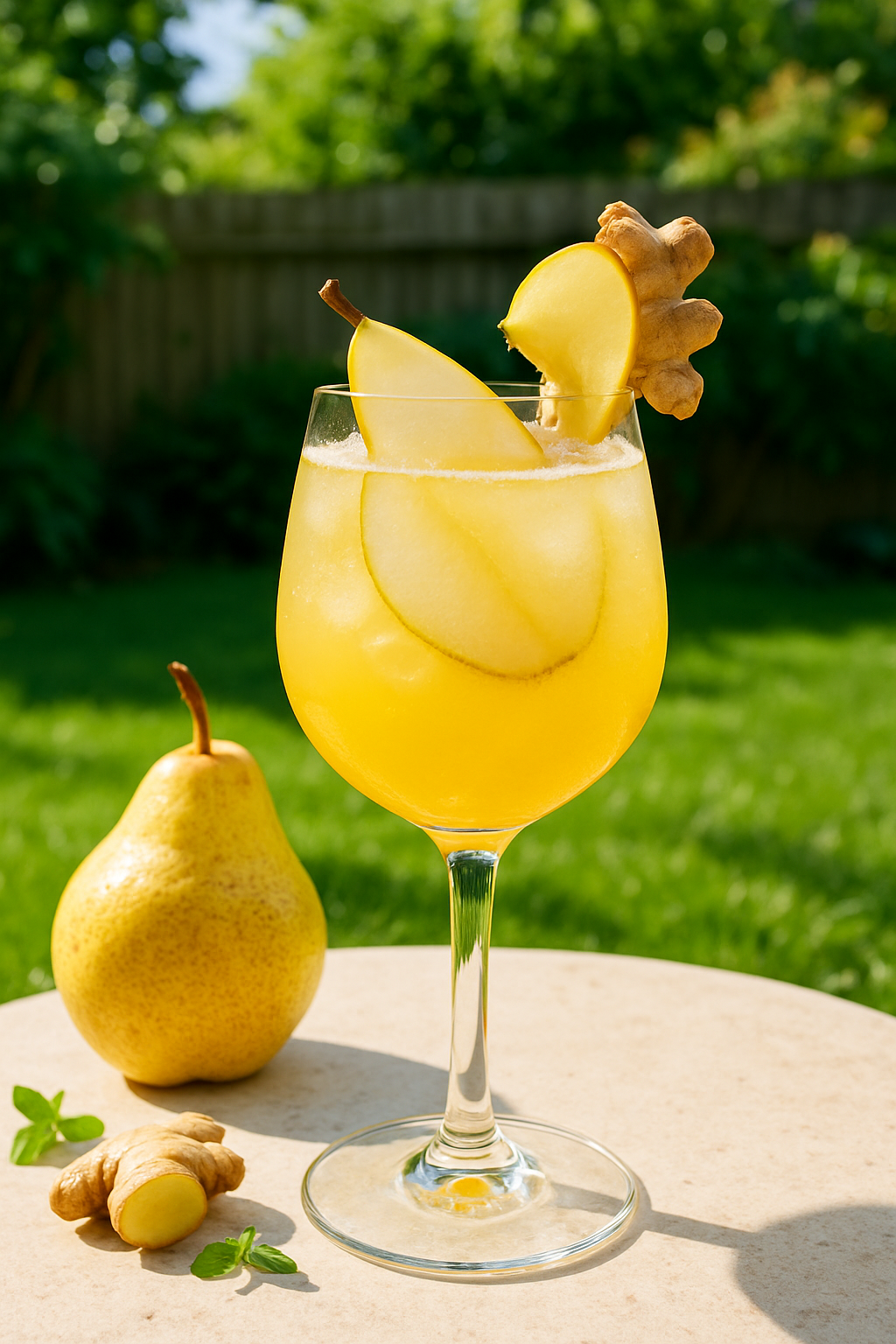 A refreshing Ginger Pear Refresher mocktail garnished with pear slices and ginger root.