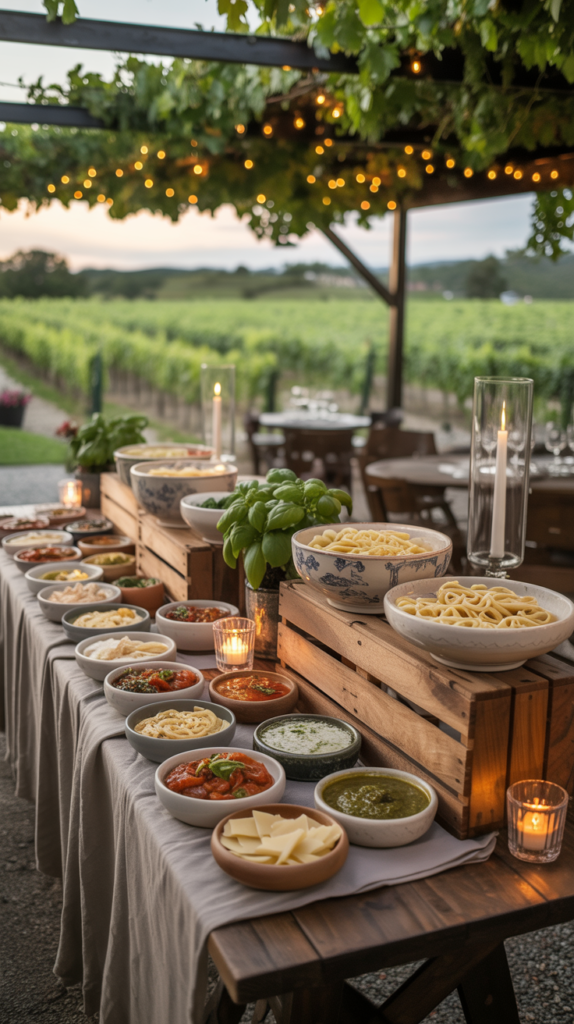 pasta bar under the vines with a pergola, string lights and a rustic setting