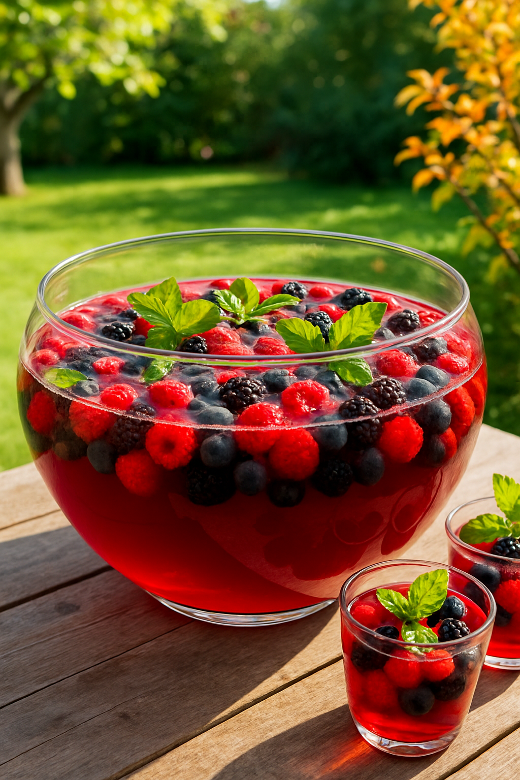 A bowl of Autumn Berry Punch filled with mixed berries and mint leaves, perfect for Thanksgiving.