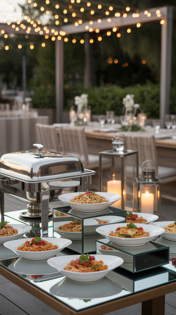 a pasta bar set up with silver chafing dishes for an elegant evening suitable for a wedding outdoors